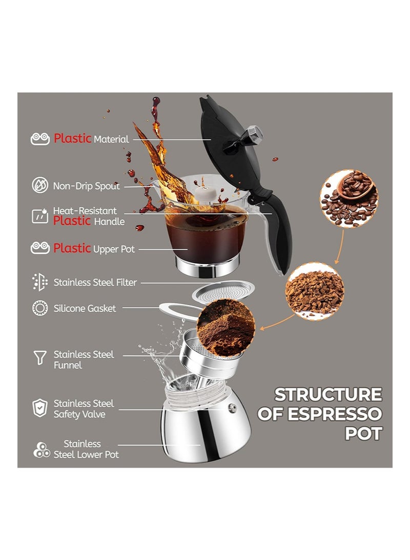 EZSOZO Clear Plastic Moka， Pot 4 Cup 200ml Stainless Steel Coffee Maker ，Uncoated Stovetop Espresso Coffee maker Italian Classic Style Brewing Greca Cafe Mocha Machine for Cafeteras Camping Travel Home Use - Image 3